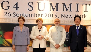 Prime Minister Narendra Modi with the leaders of other G-4 Nations, in the G-4 Family Photograph, in New York on September 26, 2015